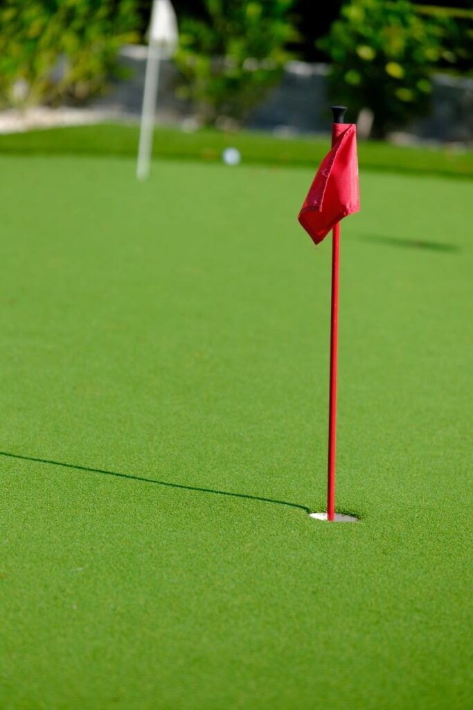 Putting green surrounded by lush landscaping, perfect for practicing golf.