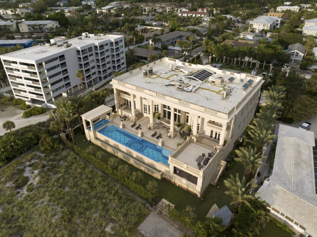 Aerial view of a high end Tampa pool with a sleek design and spacious outdoor living area ideal for resort style living