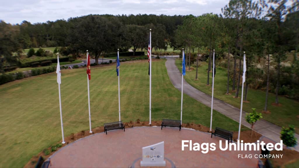 Flags Unlimited's majestic flagpoles standing tall at the Southern Hills Veterans Memorial, installed by Nic's Pool Construction.