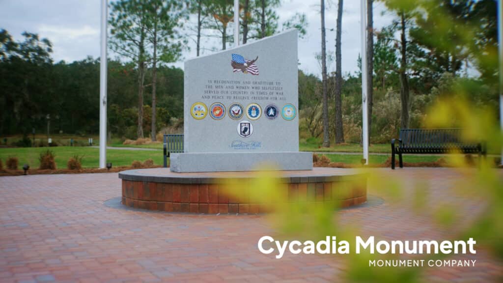 Framed view of the Southern Hills Veterans Memorial monument, crafted and installed by Cicadia Monuments.