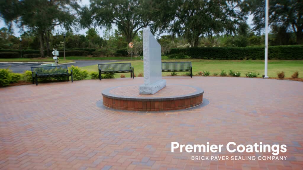 Polished pavers sealed and finished by Premier Coatings, adding durability and beauty to the Southern Hills Veterans Memorial.